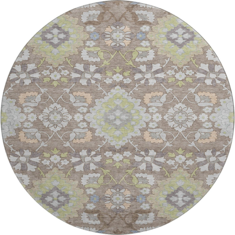 HomeRoots 8' Washable Oriental Round Rug in Taupe Peach & Artichoke Green - Durable, UV-Protected & Stylish Home Accent 678877