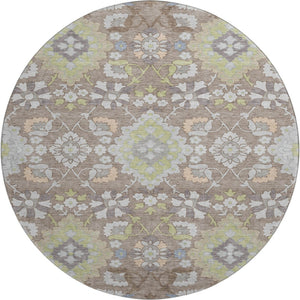 HomeRoots 8' Washable Oriental Round Rug in Taupe Peach & Artichoke Green - Durable, UV-Protected & Stylish Home Accent 678877