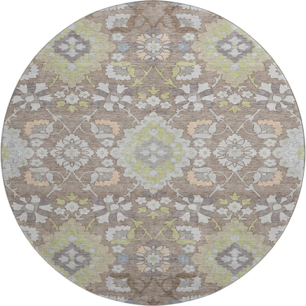 HomeRoots 8' Washable Oriental Round Rug in Taupe Peach & Artichoke Green - Durable, UV-Protected & Stylish Home Accent 678877
