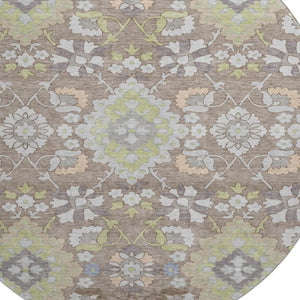 HomeRoots 8' Washable Oriental Round Rug in Taupe Peach & Artichoke Green - Durable, UV-Protected & Stylish Home Accent 678877