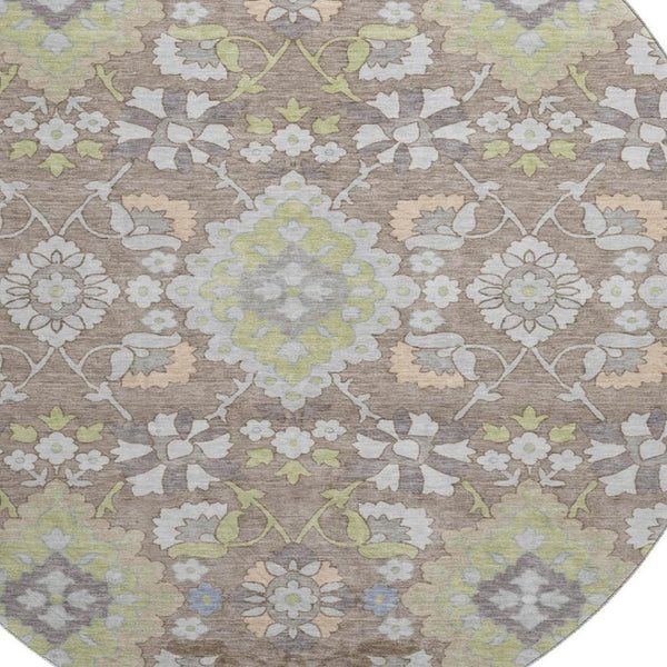 HomeRoots 8' Washable Oriental Round Rug in Taupe Peach & Artichoke Green - Durable, UV-Protected & Stylish Home Accent 678877