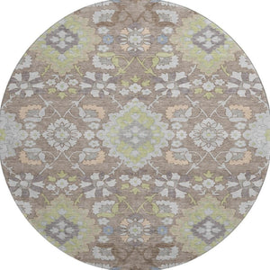 HomeRoots 8' Washable Oriental Round Rug in Taupe Peach & Artichoke Green - Durable, UV-Protected & Stylish Home Accent 678877