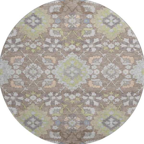 HomeRoots 8' Washable Oriental Round Rug in Taupe Peach & Artichoke Green - Durable, UV-Protected & Stylish Home Accent 678877