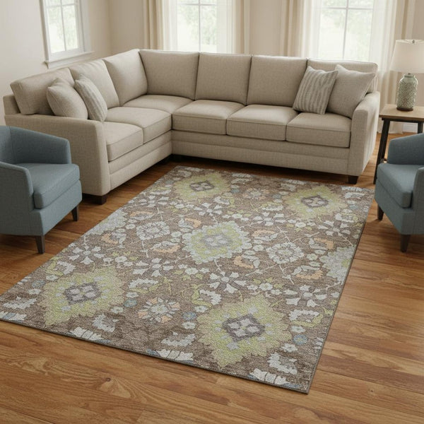 HomeRoots 8' X 10' Washable Oriental Area Rug in Taupe, Peach & Artichoke Green - Stain Resistant & UV Protected! 678878