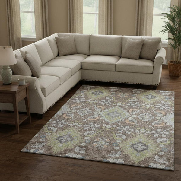 HomeRoots 9' X 12' Elegant Taupe, Peach & Artichoke Green Oriental Rug - Washable, UV Protected & Durable! 678879