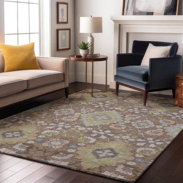 HomeRoots 9' X 12' Elegant Taupe, Peach & Artichoke Green Oriental Rug - Washable, UV Protected & Durable! 678879