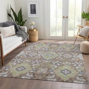 HomeRoots 9' X 12' Elegant Taupe, Peach & Artichoke Green Oriental Rug - Washable, UV Protected & Durable! 678879