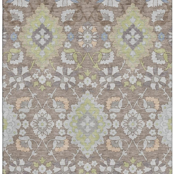 HomeRoots 9' X 12' Elegant Taupe, Peach & Artichoke Green Oriental Rug - Washable, UV Protected & Durable! 678879