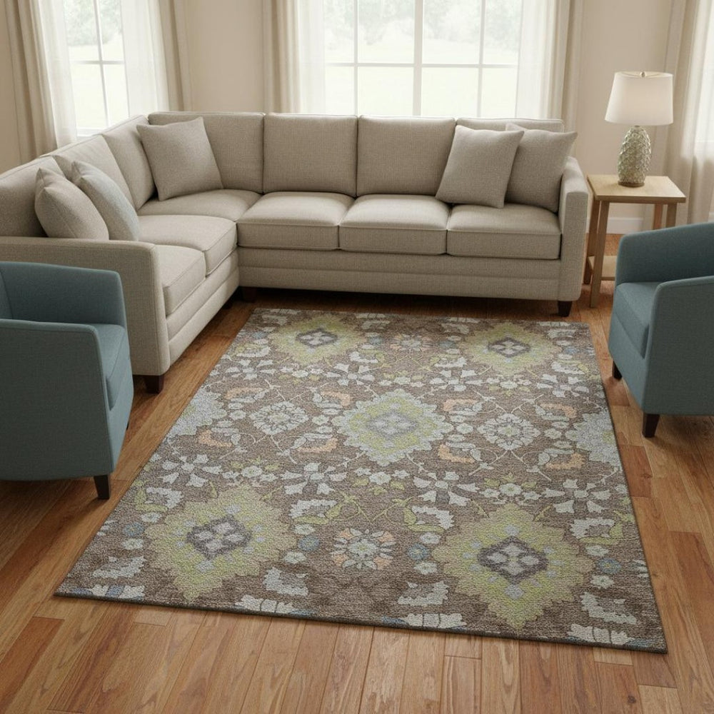 HomeRoots 10' X 14' Elegant Washable Area Rug in Taupe Peach with Artichoke Green—UV Protected & Stain Resistant! 678880