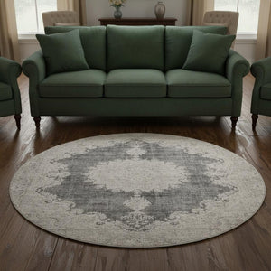 HomeRoots 8' Elegant Black, Beige & Gray Oriental Round Rug - Washable, UV-Protected for High-Traffic Areas 678883