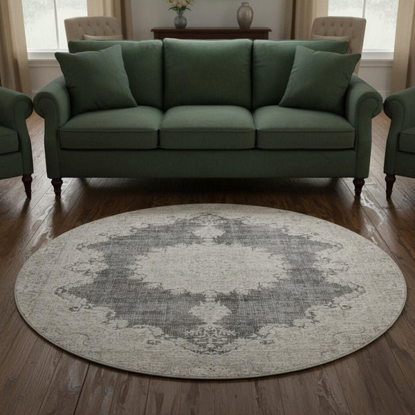 HomeRoots 8' Elegant Black, Beige & Gray Oriental Round Rug - Washable, UV-Protected for High-Traffic Areas 678883