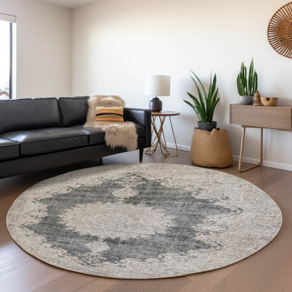 HomeRoots 8' Elegant Black, Beige & Gray Oriental Round Rug - Washable, UV-Protected for High-Traffic Areas 678883