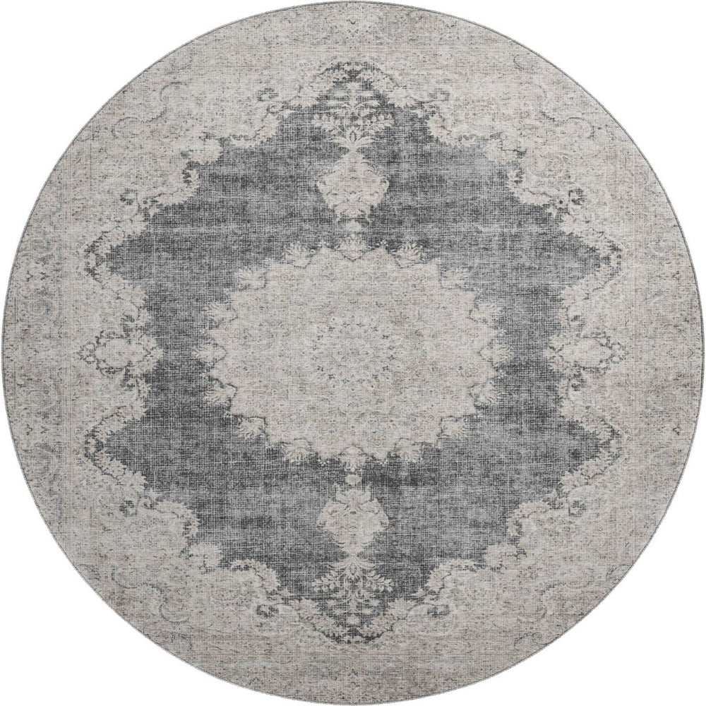 HomeRoots 8' Elegant Black, Beige & Gray Oriental Round Rug - Washable, UV-Protected for High-Traffic Areas 678883