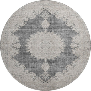 HomeRoots 8' Elegant Black, Beige & Gray Oriental Round Rug - Washable, UV-Protected for High-Traffic Areas 678883