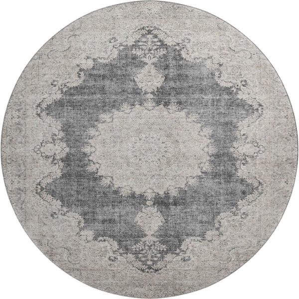 HomeRoots 8' Elegant Black, Beige & Gray Oriental Round Rug - Washable, UV-Protected for High-Traffic Areas 678883