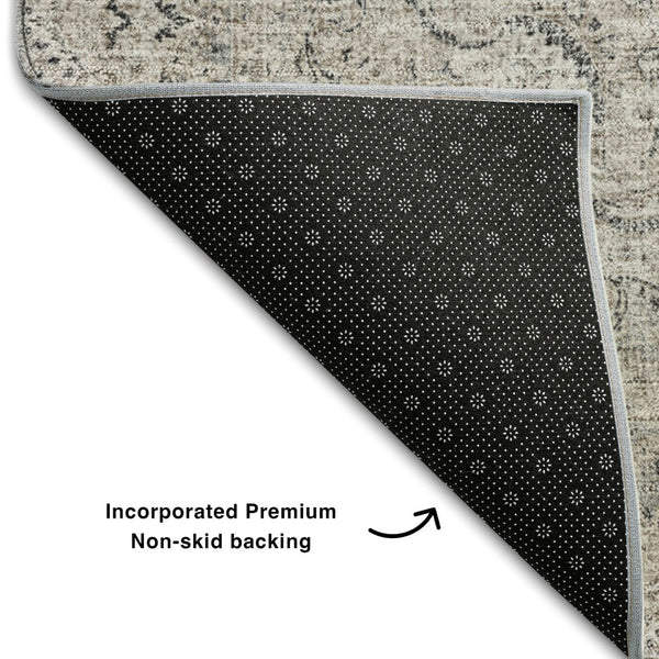 HomeRoots 8' Elegant Black, Beige & Gray Oriental Round Rug - Washable, UV-Protected for High-Traffic Areas 678883