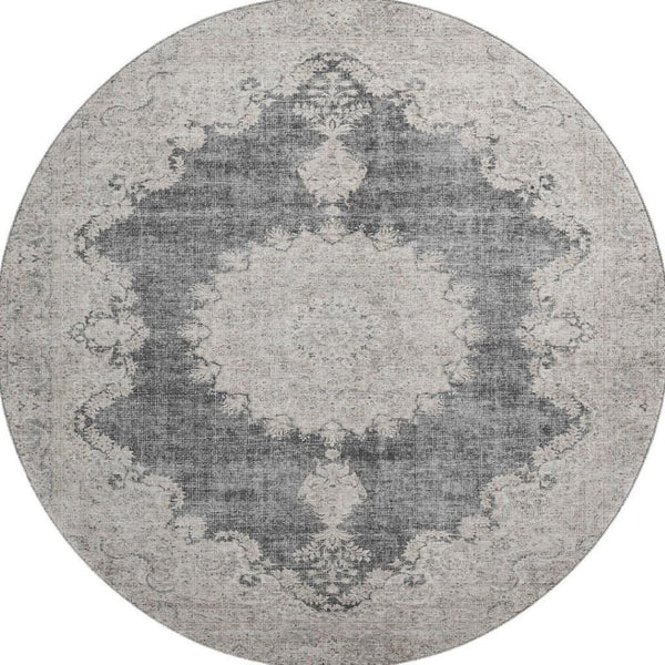 HomeRoots 8' Elegant Black, Beige & Gray Oriental Round Rug - Washable, UV-Protected for High-Traffic Areas 678883