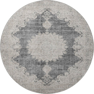 HomeRoots 8' Elegant Black, Beige & Gray Oriental Round Rug - Washable, UV-Protected for High-Traffic Areas 678883