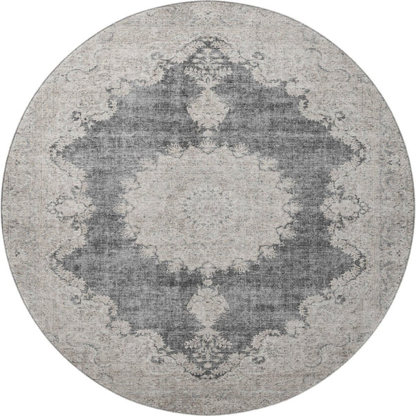 HomeRoots 8' Elegant Black, Beige & Gray Oriental Round Rug - Washable, UV-Protected for High-Traffic Areas 678883