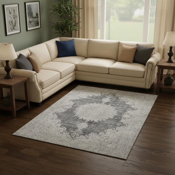 HomeRoots 8' X 10' Elegant Black Beige Gray Oriental Washable Rug - Stain Resistant, UV Protected, Durable Design 678884