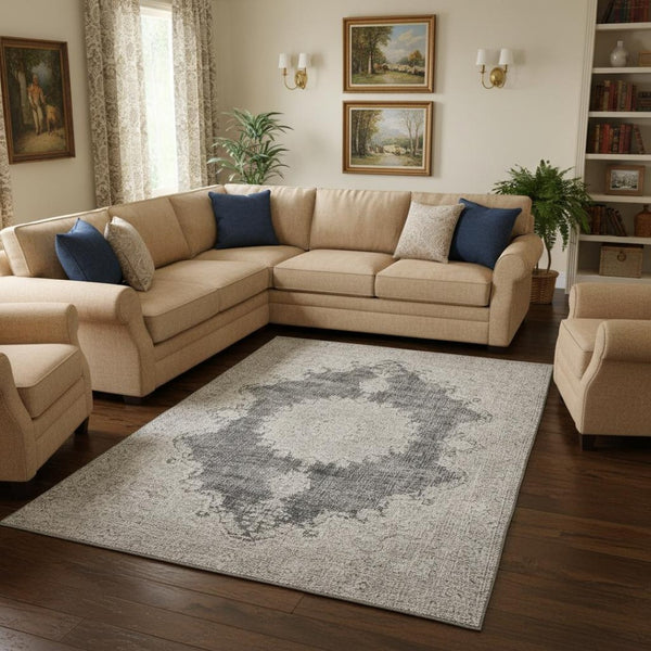 HomeRoots 9' X 12' Stylish Black, Beige & Gray Oriental Washable Area Rug with UV Protection for Modern Homes 678885