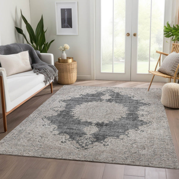 HomeRoots 9' X 12' Stylish Black, Beige & Gray Oriental Washable Area Rug with UV Protection for Modern Homes 678885