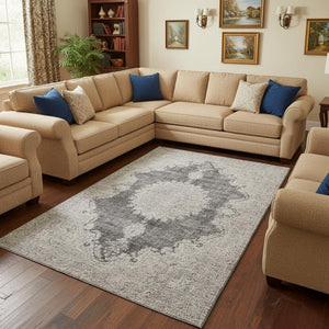 HomeRoots 10' Washable Oriental Area Rug in Black, Beige & Gray - UV Protected, Stain Resistant, Ideal for Homes 678886