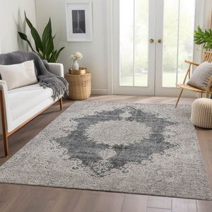 HomeRoots 10' Washable Oriental Area Rug in Black, Beige & Gray - UV Protected, Stain Resistant, Ideal for Homes 678886