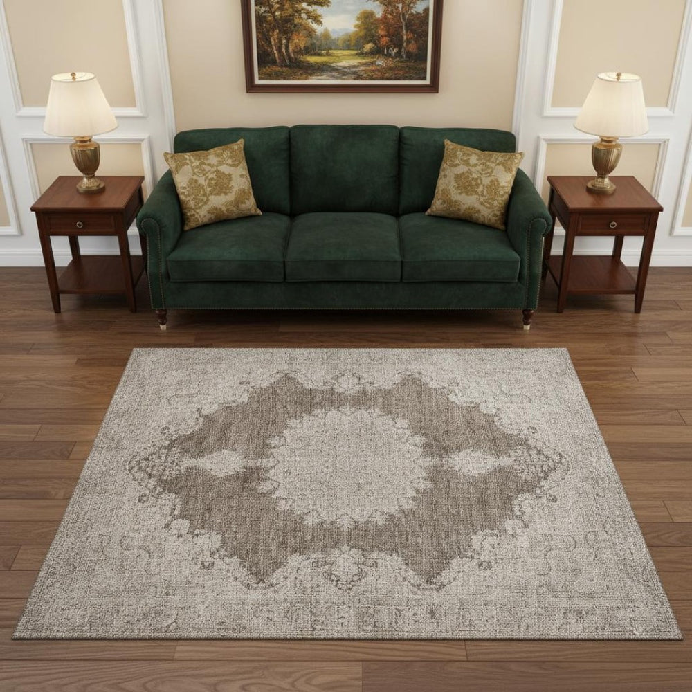 HomeRoots 5' X 8' Washable Brown Ivory Beige Oriental Area Rug with UV Protection - Perfect for Homes with Kids! 678888