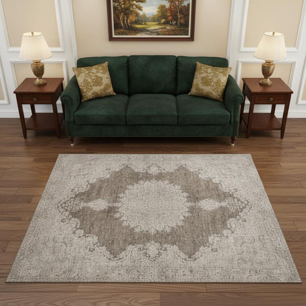 HomeRoots 5' X 8' Washable Brown Ivory Beige Oriental Area Rug with UV Protection - Perfect for Homes with Kids! 678888