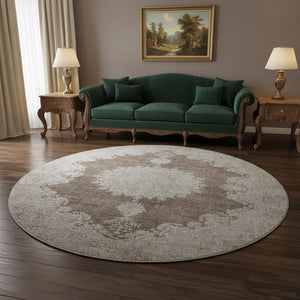 HomeRoots 8' Brown Ivory Beige Oriental Round Rug - Washable, Durable, UV Protected, Ideal for High-Traffic Areas 678889