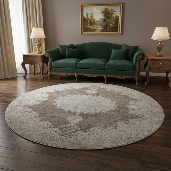 HomeRoots 8' Brown Ivory Beige Oriental Round Rug - Washable, Durable, UV Protected, Ideal for High-Traffic Areas 678889