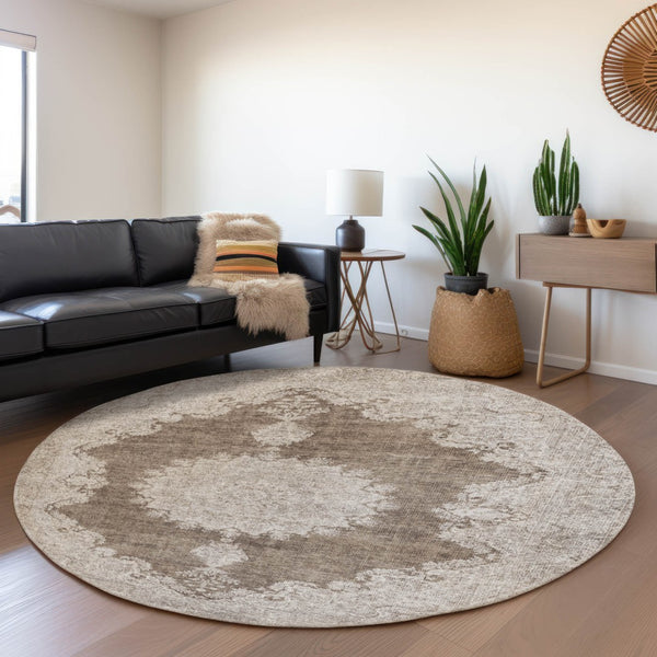 HomeRoots 8' Brown Ivory Beige Oriental Round Rug - Washable, Durable, UV Protected, Ideal for High-Traffic Areas 678889