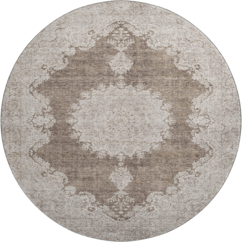 HomeRoots 8' Brown Ivory Beige Oriental Round Rug - Washable, Durable, UV Protected, Ideal for High-Traffic Areas 678889