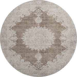 HomeRoots 8' Brown Ivory Beige Oriental Round Rug - Washable, Durable, UV Protected, Ideal for High-Traffic Areas 678889