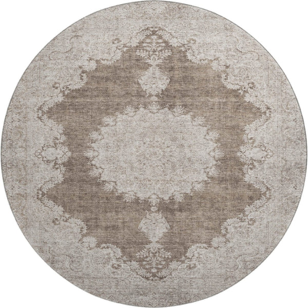 HomeRoots 8' Brown Ivory Beige Oriental Round Rug - Washable, Durable, UV Protected, Ideal for High-Traffic Areas 678889