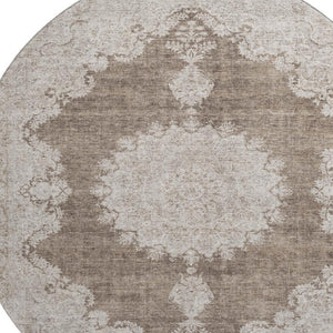 HomeRoots 8' Brown Ivory Beige Oriental Round Rug - Washable, Durable, UV Protected, Ideal for High-Traffic Areas 678889