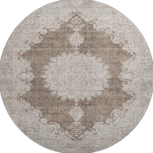 HomeRoots 8' Brown Ivory Beige Oriental Round Rug - Washable, Durable, UV Protected, Ideal for High-Traffic Areas 678889