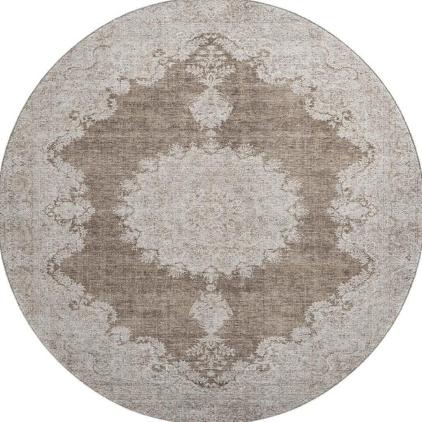 HomeRoots 8' Brown Ivory Beige Oriental Round Rug - Washable, Durable, UV Protected, Ideal for High-Traffic Areas 678889