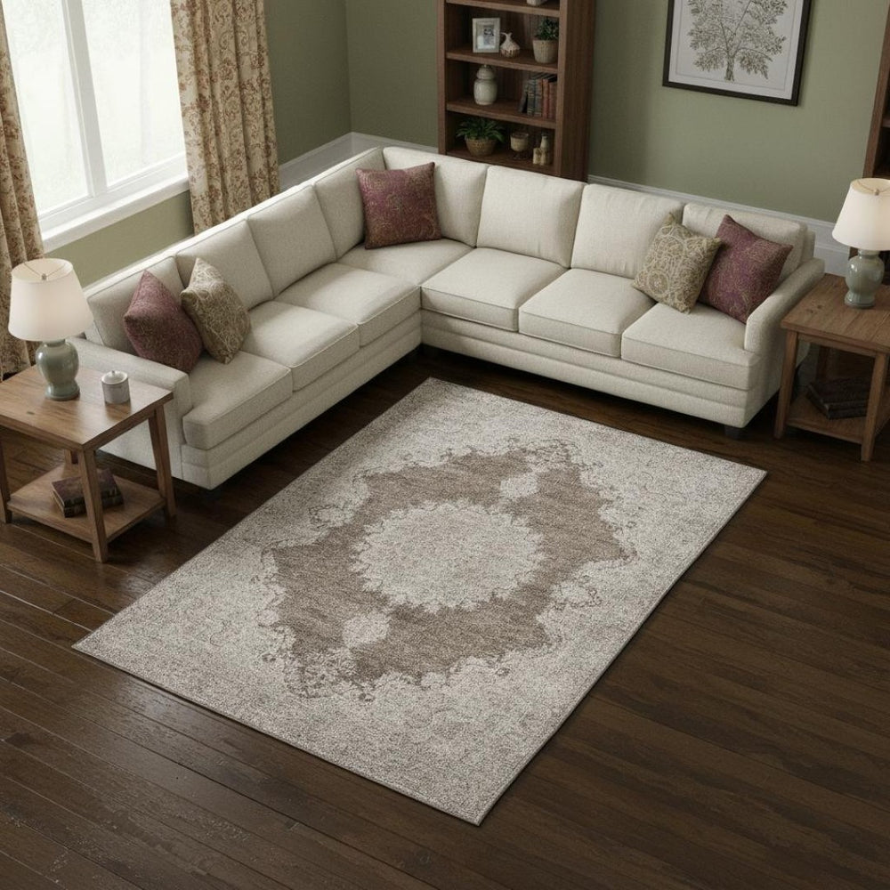 HomeRoots 8' X 10' Elegant Brown Ivory Beige Washable Oriental Area Rug with UV Protection for Families 678890