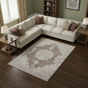 HomeRoots 8' X 10' Elegant Brown Ivory Beige Washable Oriental Area Rug with UV Protection for Families 678890