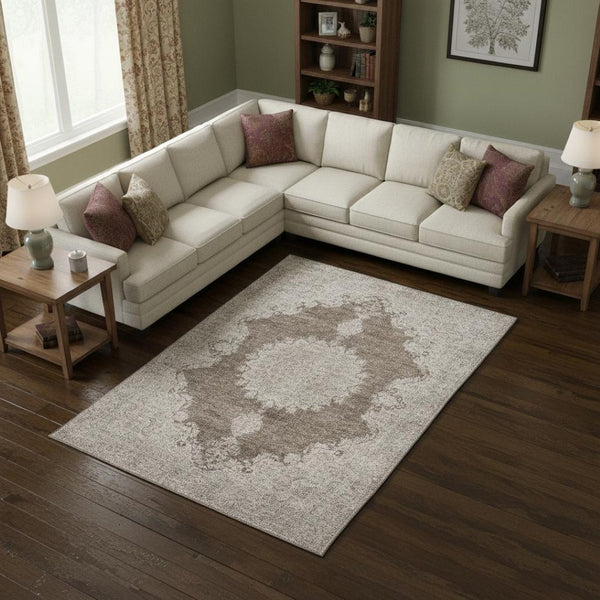 HomeRoots 8' X 10' Elegant Brown Ivory Beige Washable Oriental Area Rug with UV Protection for Families 678890