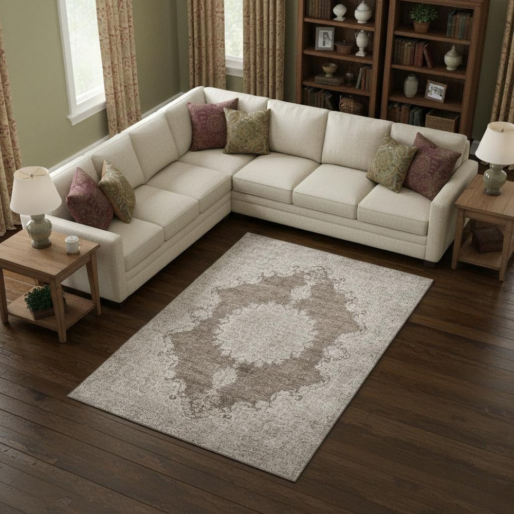 HomeRoots 9' X 12' Stylish Brown, Ivory & Beige Oriental Washable Area Rug with UV Protection for Durability 678891