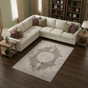 HomeRoots 9' X 12' Stylish Brown, Ivory & Beige Oriental Washable Area Rug with UV Protection for Durability 678891
