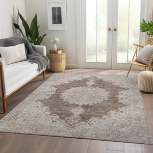 HomeRoots 9' X 12' Stylish Brown, Ivory & Beige Oriental Washable Area Rug with UV Protection for Durability 678891