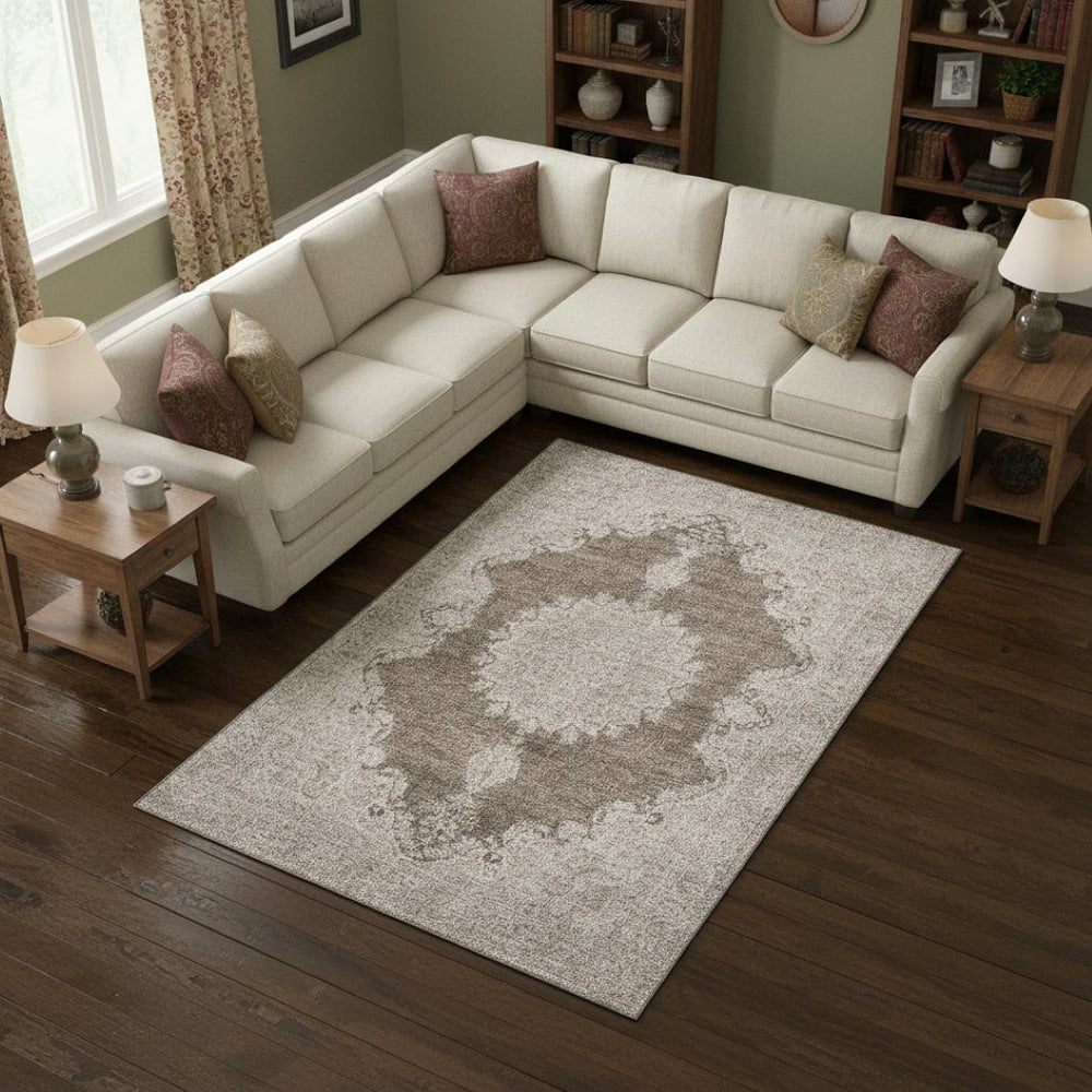 HomeRoots 10' X 14' Elegant Brown Ivory Beige Oriental Washable Area Rug with UV Protection for Homes 678892