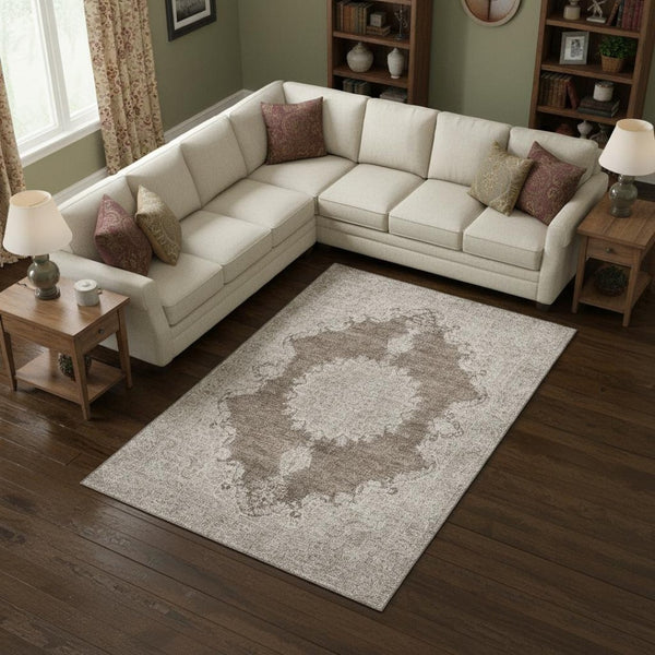 HomeRoots 10' X 14' Elegant Brown Ivory Beige Oriental Washable Area Rug with UV Protection for Homes 678892