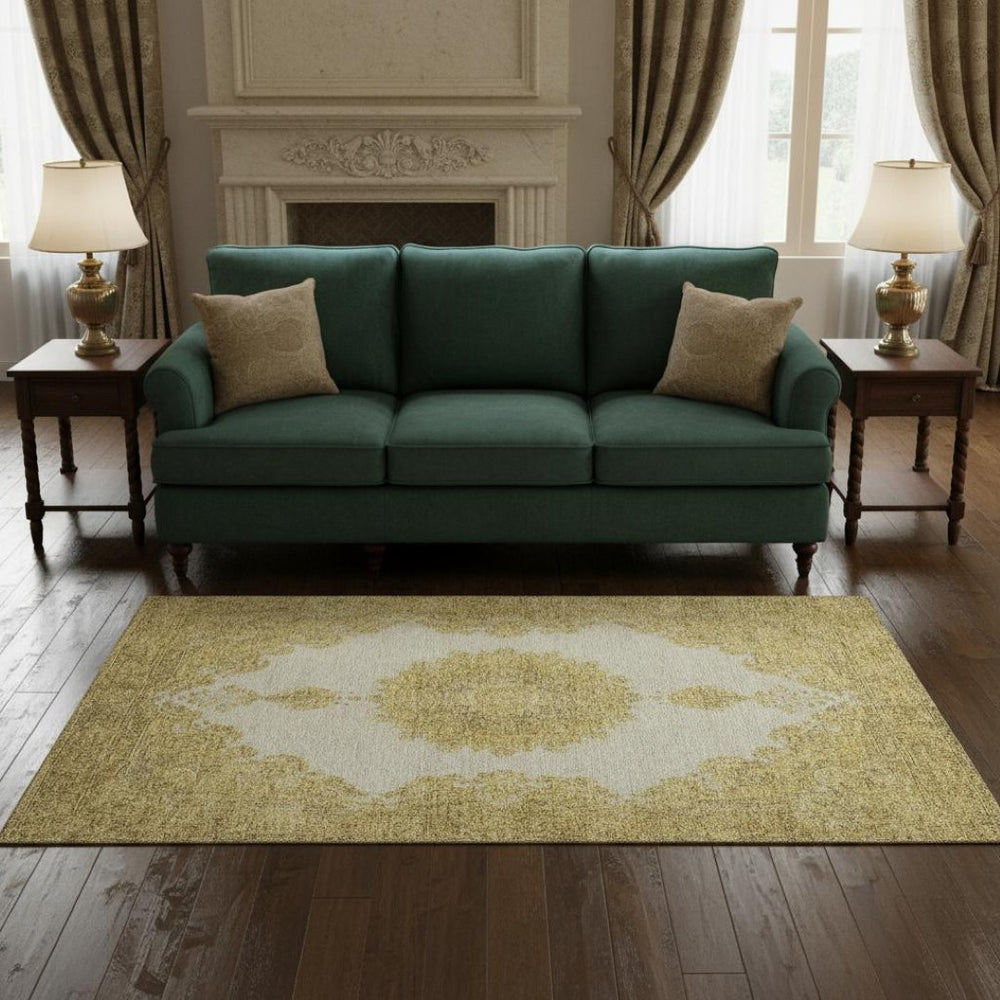 HomeRoots 5' X 8' Gold Ivory Gray Oriental Washable Area Rug - Stain-Resistant, UV Protected & Durable Design 678894
