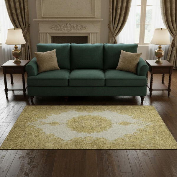 HomeRoots 5' X 8' Gold Ivory Gray Oriental Washable Area Rug - Stain-Resistant, UV Protected & Durable Design 678894