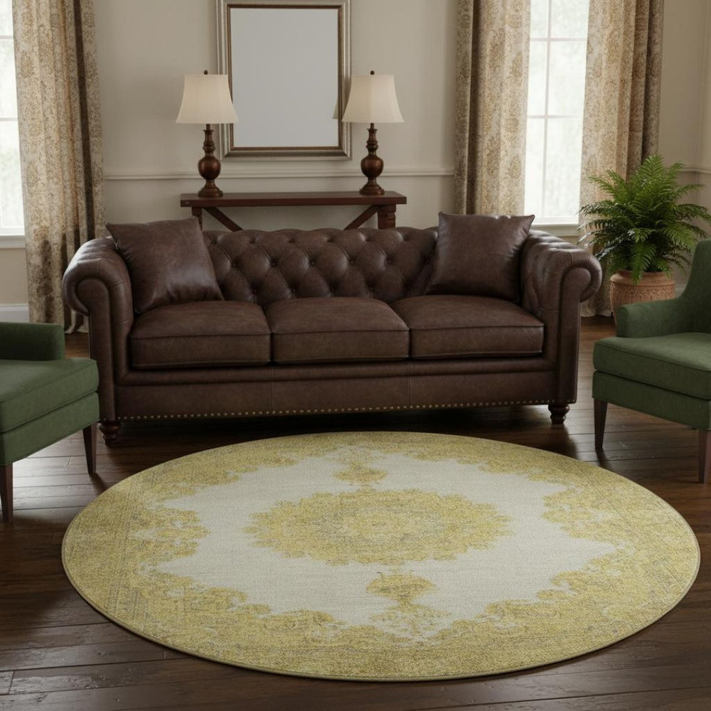 HomeRoots 8' Gold Ivory and Gray Oriental Washable Round Rug - UV Protection, Stain Resistant for Busy Homes 678895